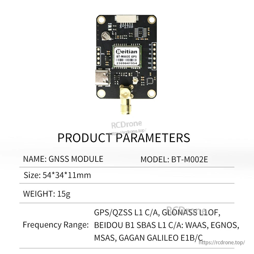 Product parameters chart for BT-M002E GNSS module: 54×34×11 mm, 15 g, frequency range GPS/QZSS L1 and BDS B1