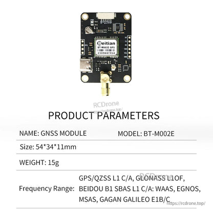 Product parameters chart for BT-M002E GNSS module: 54×34×11 mm, 15 g, frequency range GPS/QZSS L1 and BDS B1