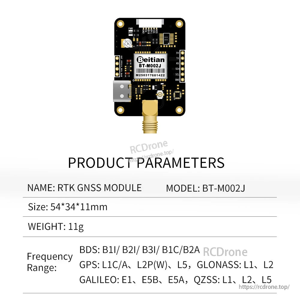Product parameters chart for BT-M002J RTK GNSS module: 54×34×11 mm, 11 g, frequency range list for BDS/GPS/GLONASS