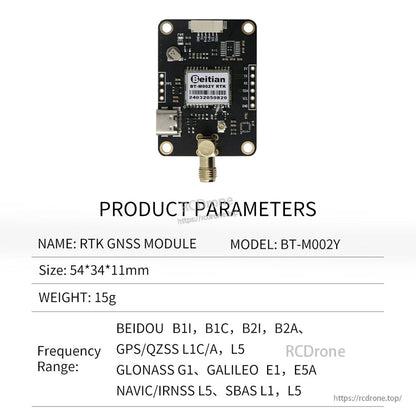 Product parameters chart for BT-M002Y RTK GNSS module: 54×34×11 mm, 15 g, frequency range list with L1/L5 bands