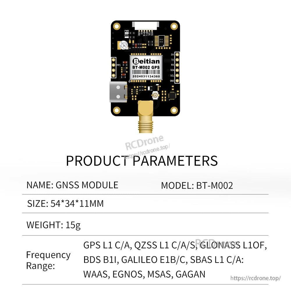 Product parameters chart for BT-M002 GNSS module: 54×34×11 mm, 15 g, frequency range list including GPS L1 C/A