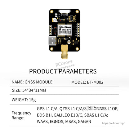 Product parameters chart for BT-M002 GNSS module: 54×34×11 mm, 15 g, frequency range list including GPS L1 C/A