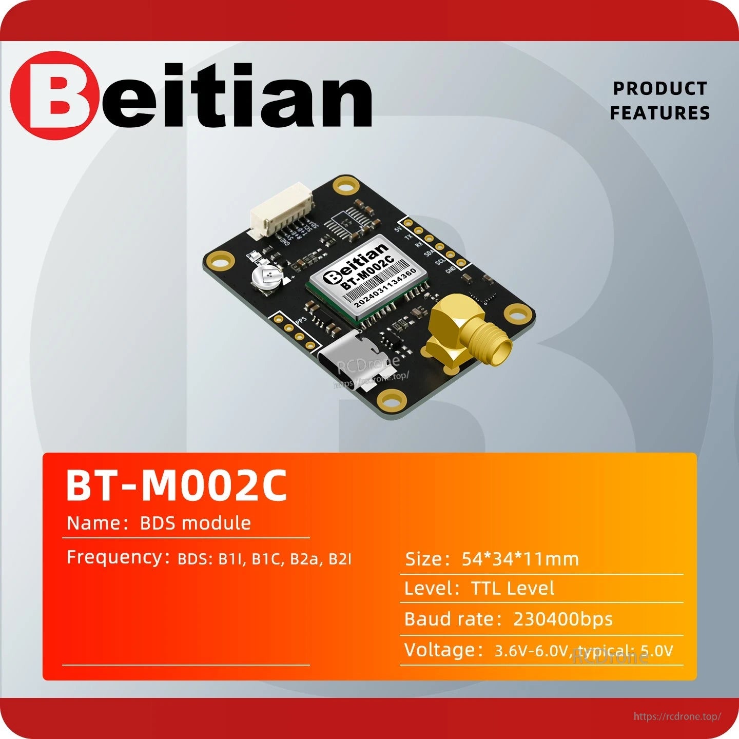 BT-M002C BDS module product features graphic with angled board view and listed size, voltage, and baud rate