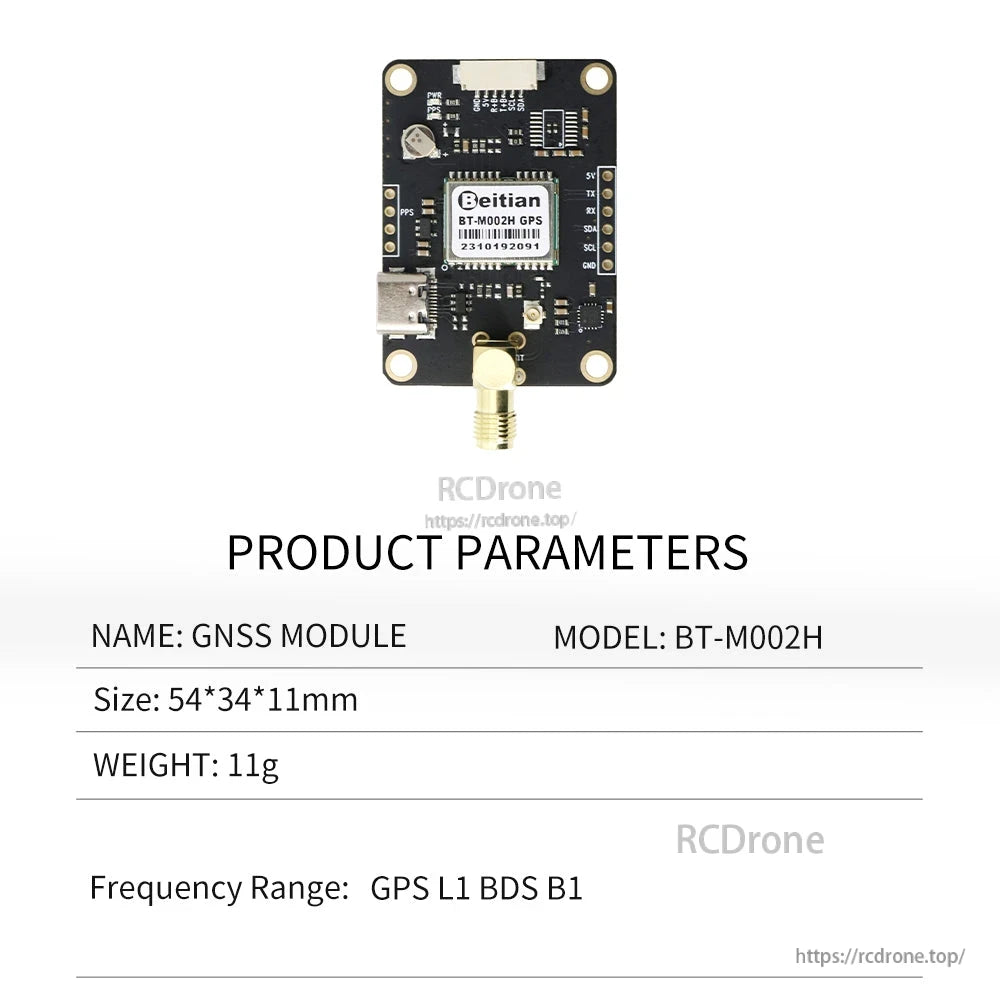 Product parameters chart for BT-M002H GNSS module: 54×34×11 mm, 11 g, frequency range GPS L1 and BDS B1
