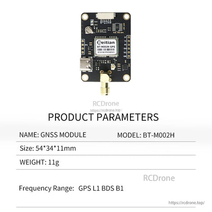 Product parameters chart for BT-M002H GNSS module: 54×34×11 mm, 11 g, frequency range GPS L1 and BDS B1