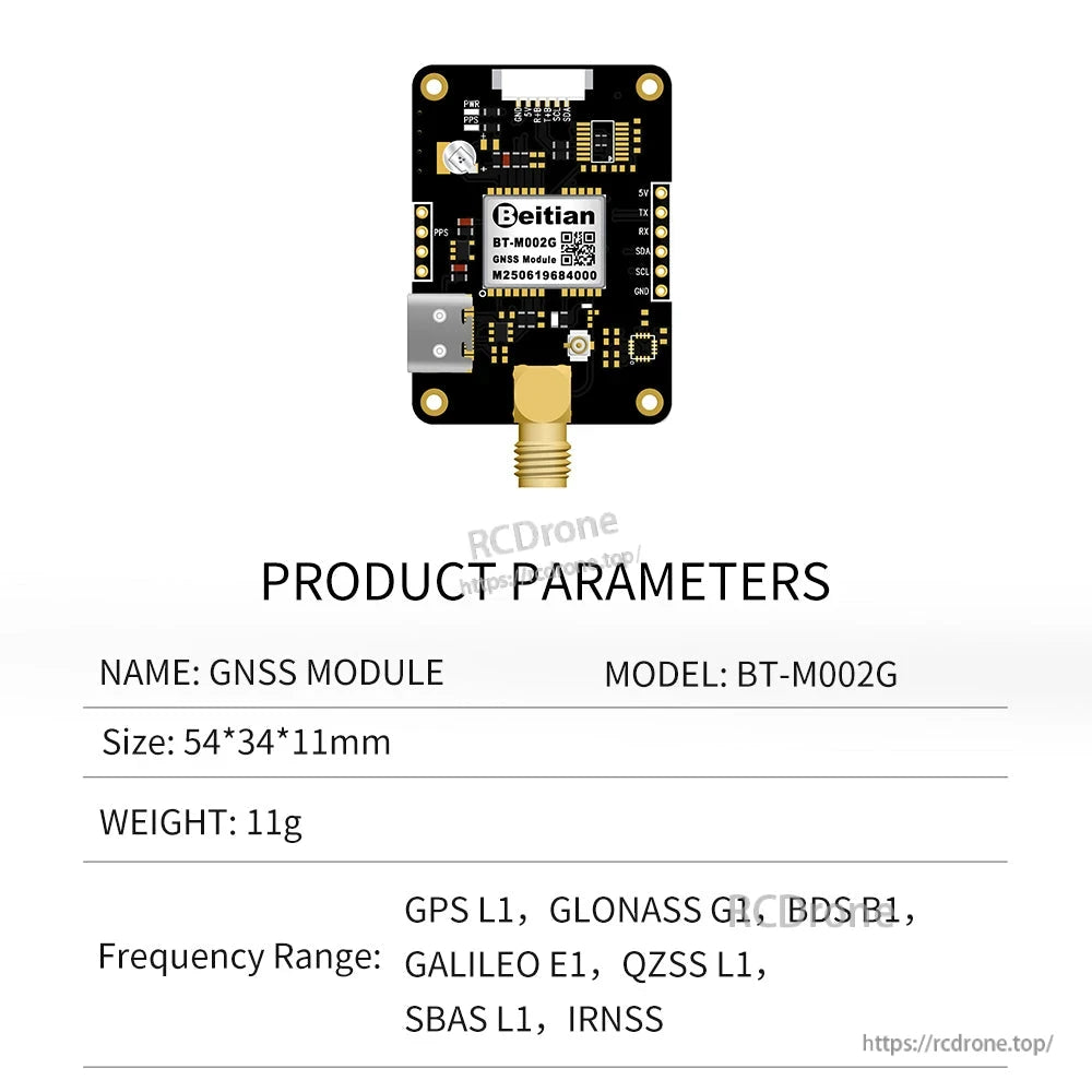 Product parameters chart for BT-M002G GNSS module with frequency range list (GPS L1, GLONASS, Galileo, QZSS, SBAS)