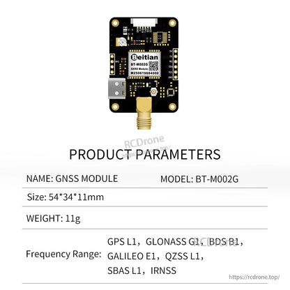Product parameters chart for BT-M002G GNSS module with frequency range list (GPS L1, GLONASS, Galileo, QZSS, SBAS)