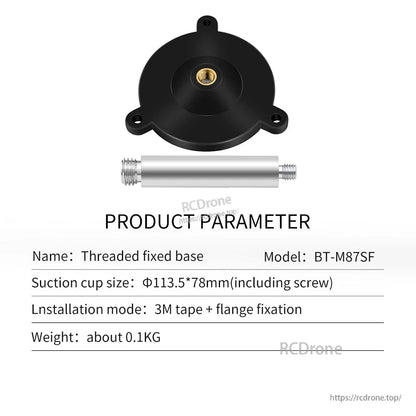 BT-M87SF threaded fixed base parameter chart showing 3M tape + flange fixation and 113.5×78mm size