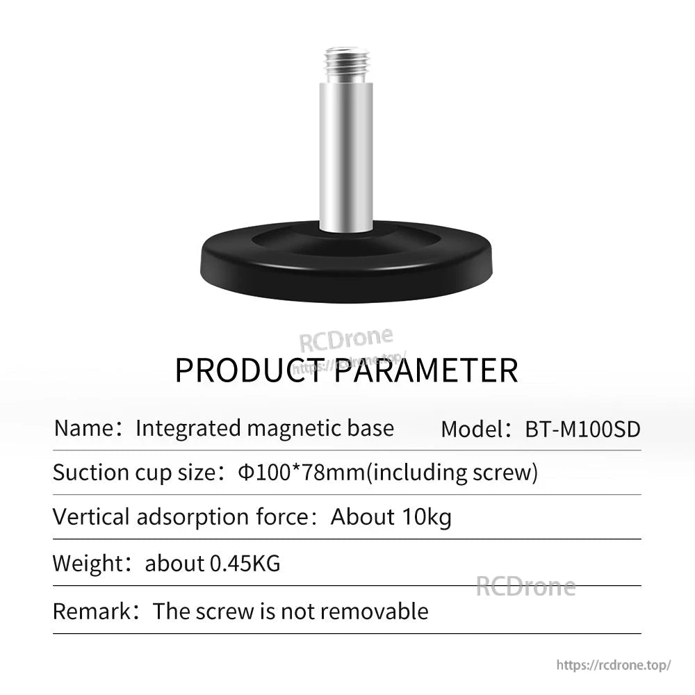 BT-M100SD integrated magnetic base parameter chart noting fixed (non-removable) screw and 100×78mm size