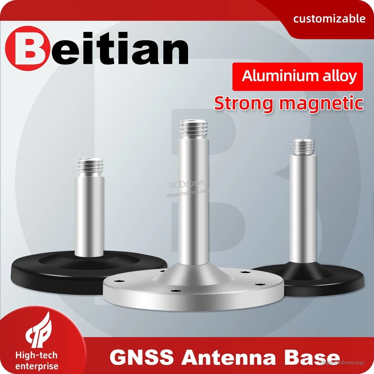 Beitian GNSS antenna base promo graphic highlighting aluminium alloy body and strong magnetic hold