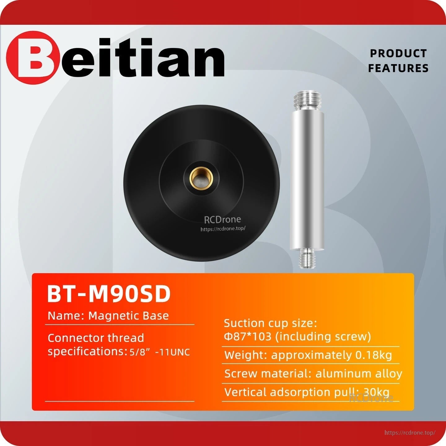 BT-M90SD magnetic base feature sheet showing size, weight and 5/8-11UNC connector thread information