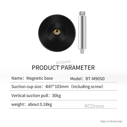 BT-M90SD magnetic base parameter chart showing 87×103mm size, 30kg pull force and 0.18kg weight