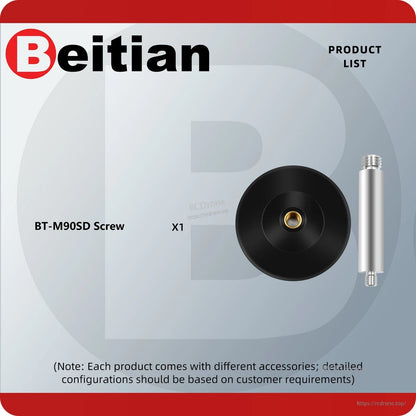 Product list graphic showing BT-M90SD magnetic base components and included screw quantity x1