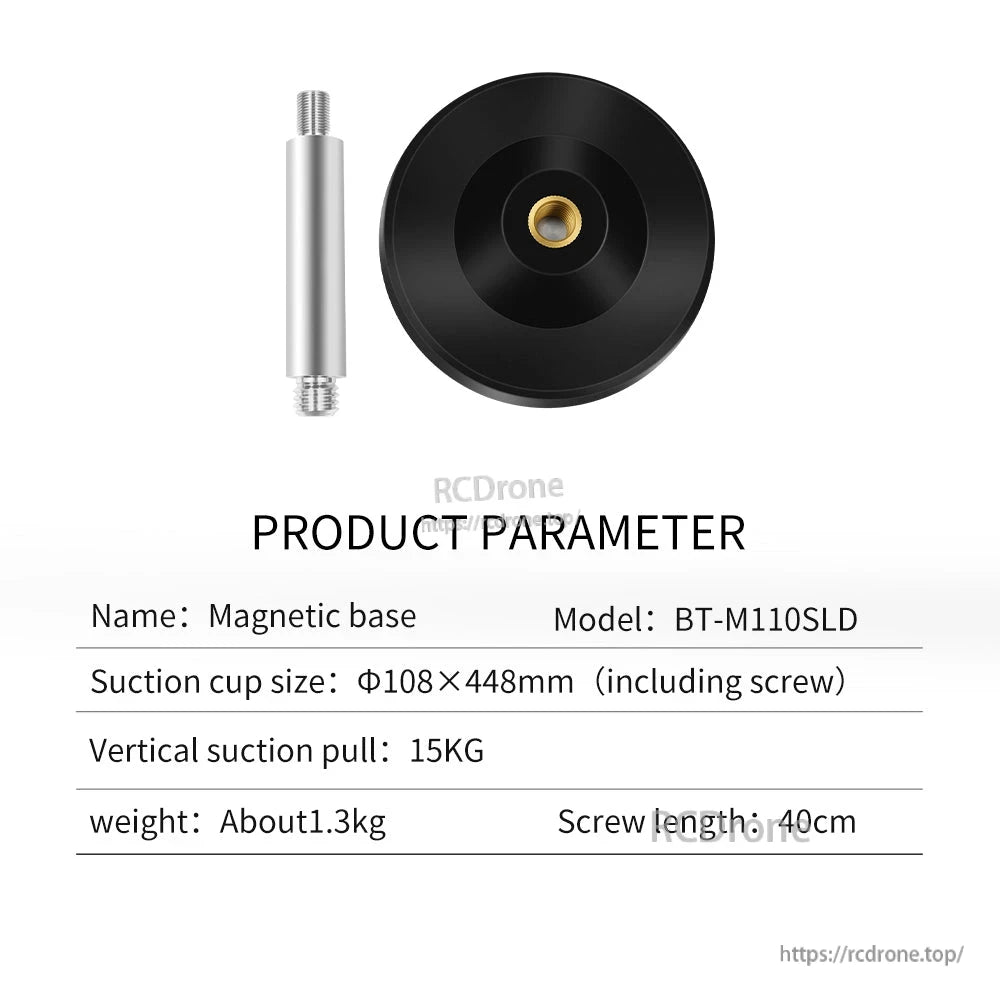 BT-M110SLD magnetic base parameter chart with 108×448mm size, 15KG pull and 40cm screw length