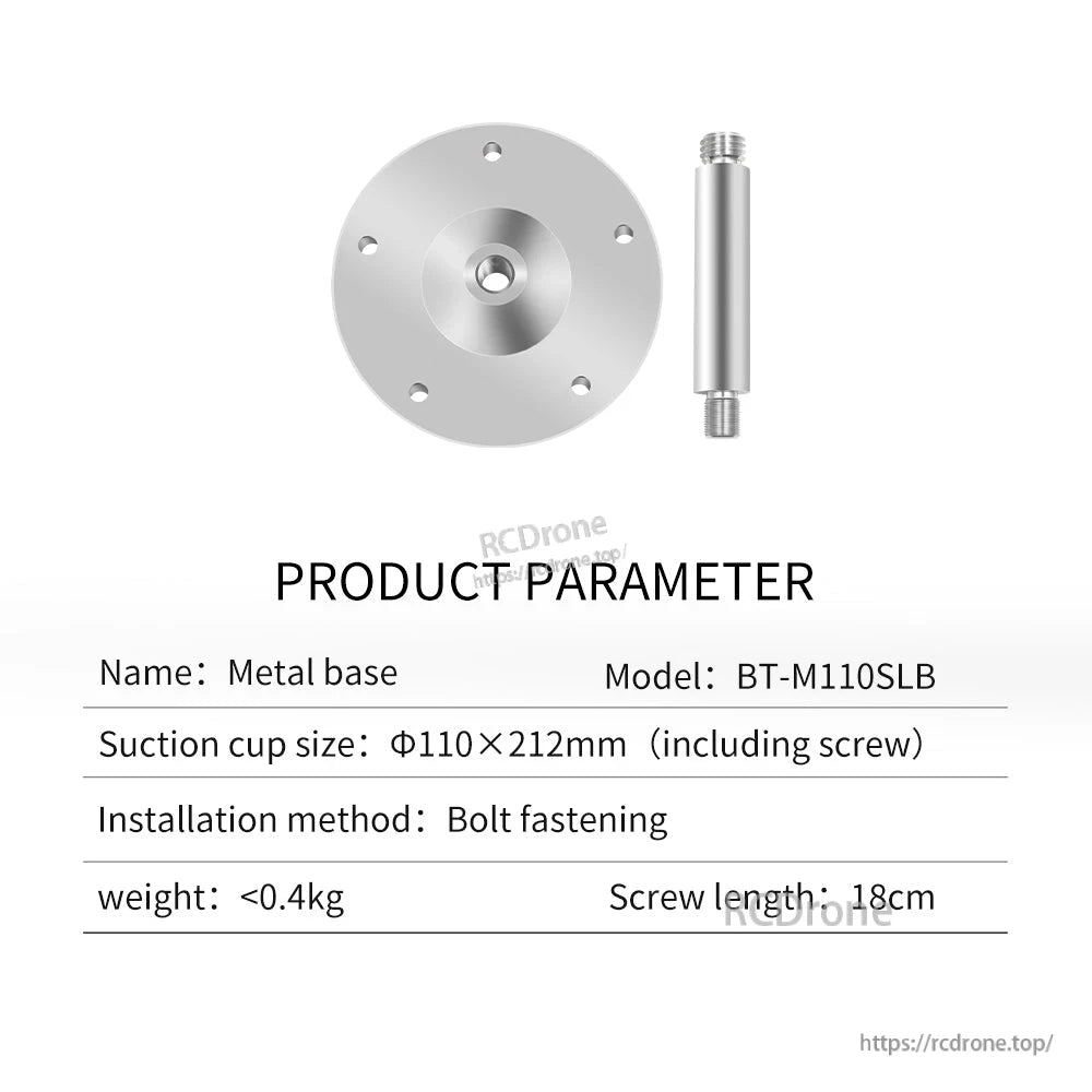 BT-M110SLB metal base parameter chart listing 110×212mm size, bolt fastening method and 18cm screw