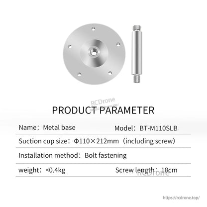 BT-M110SLB metal base parameter chart listing 110×212mm size, bolt fastening method and 18cm screw