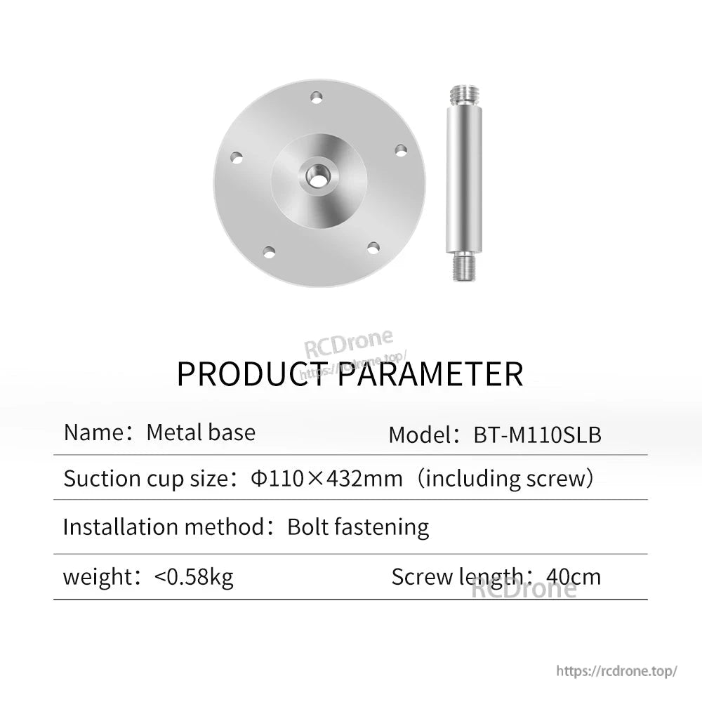 BT-M110SLB metal base parameter chart listing 110×432mm size, bolt fastening method and 40cm screw