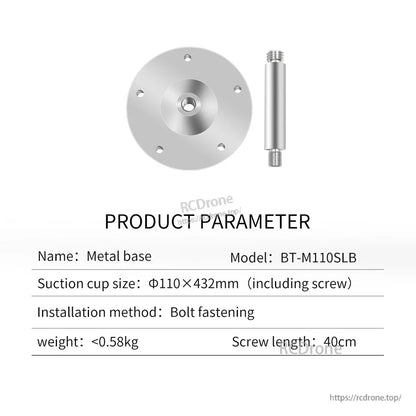 BT-M110SLB metal base parameter chart listing 110×432mm size, bolt fastening method and 40cm screw