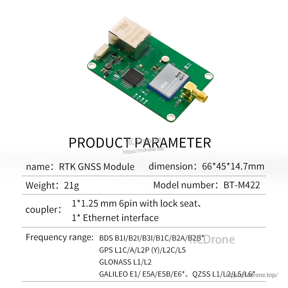 Product parameter table for BT-M422 RTK GNSS module showing dimensions, weight, interfaces, and frequency range