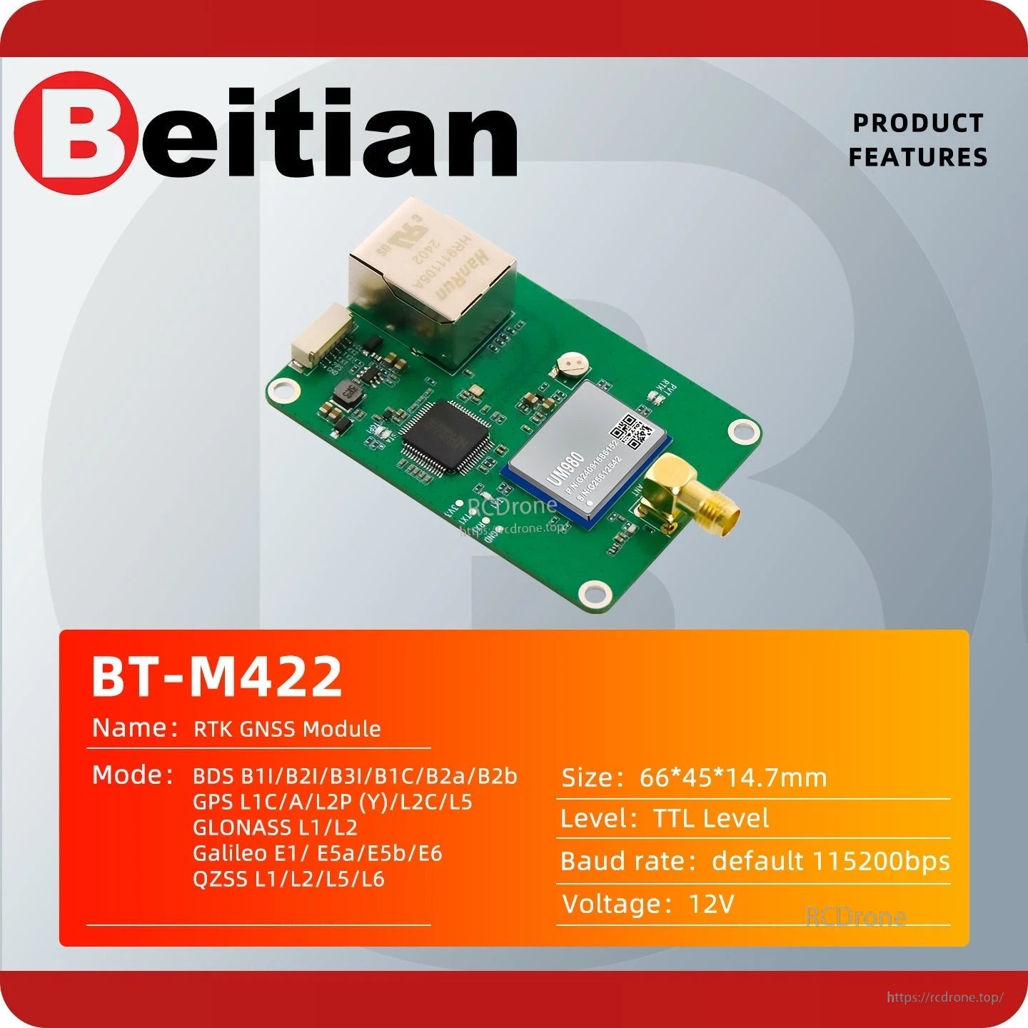 BT-M422 RTK GNSS module product features chart with supported GNSS bands, TTL level, size, and 12V input