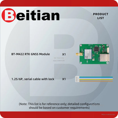 Package contents list: BT-M422 RTK GNSS module x1 and 6-pin serial cable with lock x1