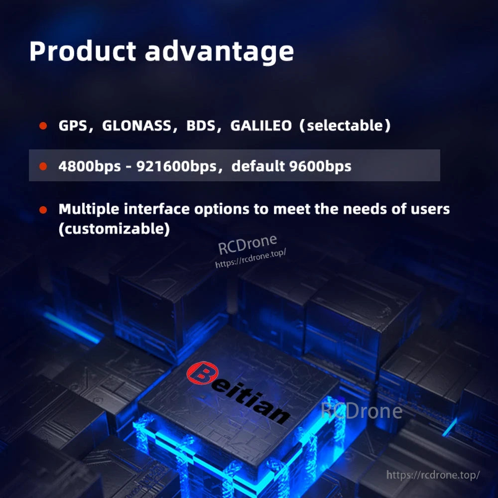 Product advantage graphic listing GPS/GLONASS/BDS/GALILEO selectable and 4800–921600 bps