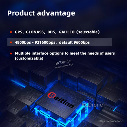 Product advantage graphic listing GPS/GLONASS/BDS/GALILEO selectable and 4800–921600 bps