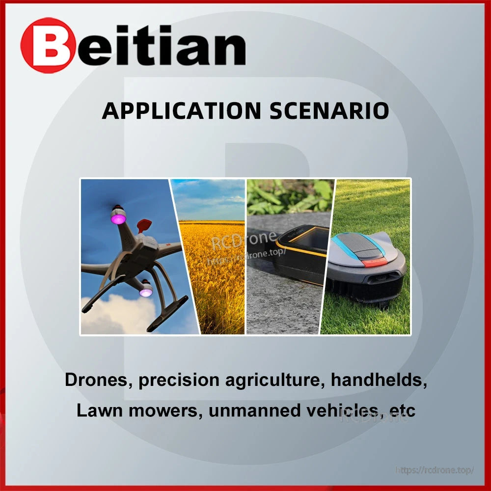 Beitian application scenario graphic showing drone and outdoor equipment use cases