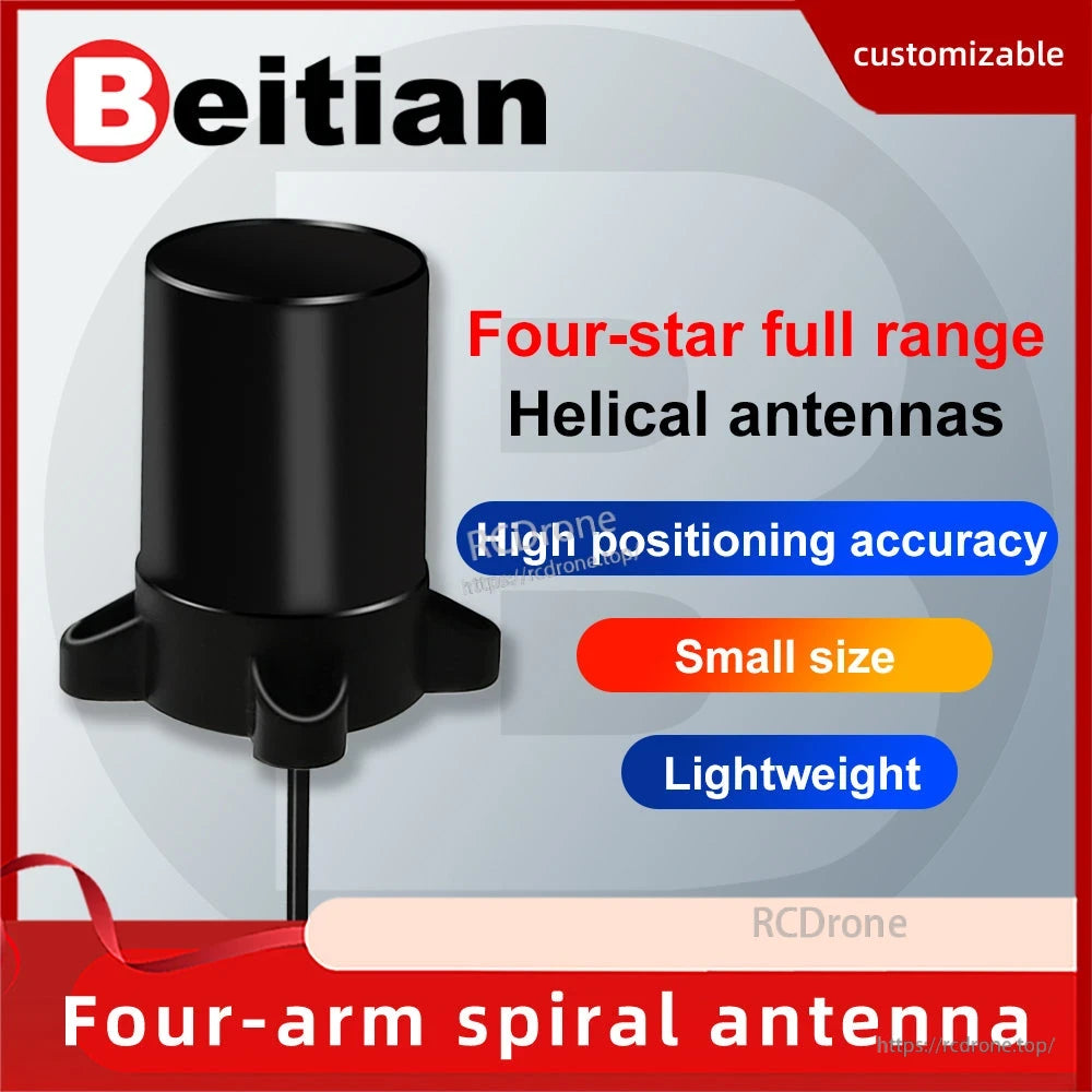 Beitian BT-T009 helical antenna promo graphic with four-star full range text and feature callouts