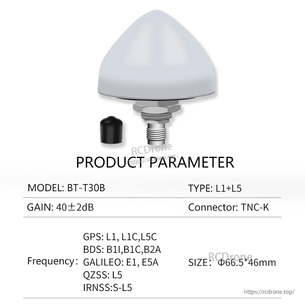 BT-T30B product parameter chart: L1+L5 type, 40±2dB gain, TNC-K, size Φ66.5×46mm