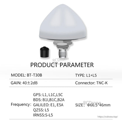 BT-T30B product parameter chart: L1+L5 type, 40±2dB gain, TNC-K, size Φ66.5×46mm