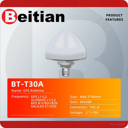 Beitian BT-T30A GNSS antenna product features graphic with frequency bands, size and TNC-K connector
