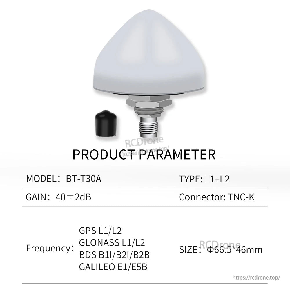 BT-T30A product parameter chart: L1+L2 type, 40±2dB gain, TNC-K, size Φ66.5×46mm