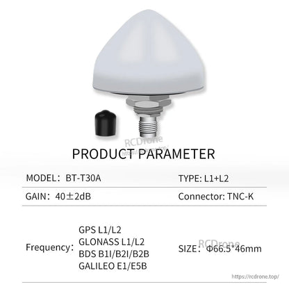BT-T30A product parameter chart: L1+L2 type, 40±2dB gain, TNC-K, size Φ66.5×46mm