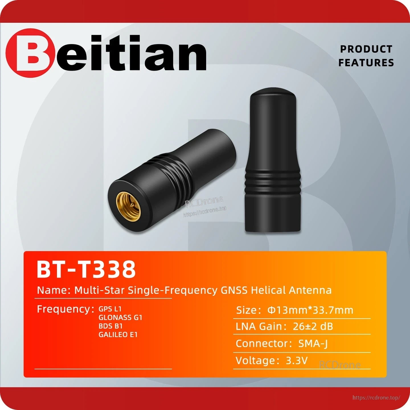 BT-T338 product features card with frequencies listed and connector type SMA-J