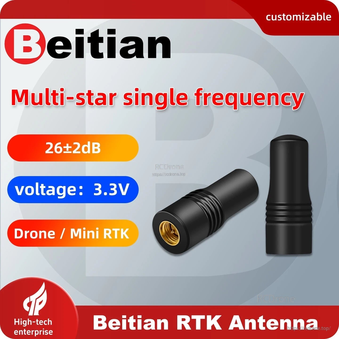 Beitian BT-T338 RTK antenna graphic showing 26±2 dB gain and 3.3V, Drone/Mini RTK use