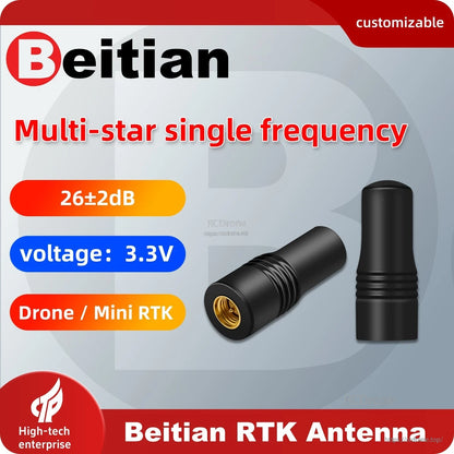 Beitian BT-T338 RTK antenna graphic showing 26±2 dB gain and 3.3V, Drone/Mini RTK use