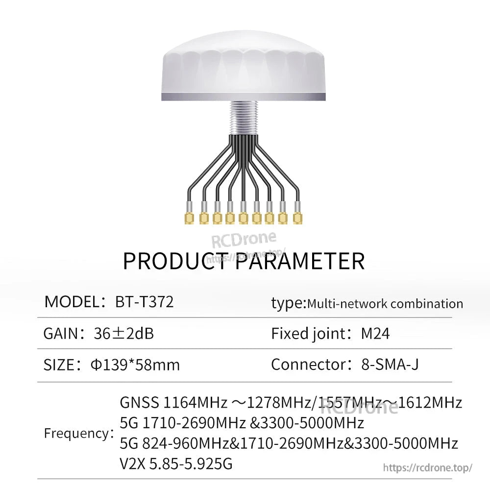 BT-T372 product parameter table listing gain 36±2 dB, size Φ139×58 mm, 8-SMA-J connectors