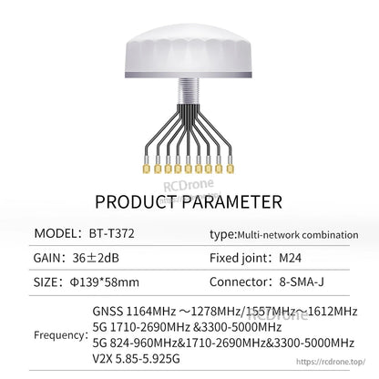 BT-T372 product parameter table listing gain 36±2 dB, size Φ139×58 mm, 8-SMA-J connectors