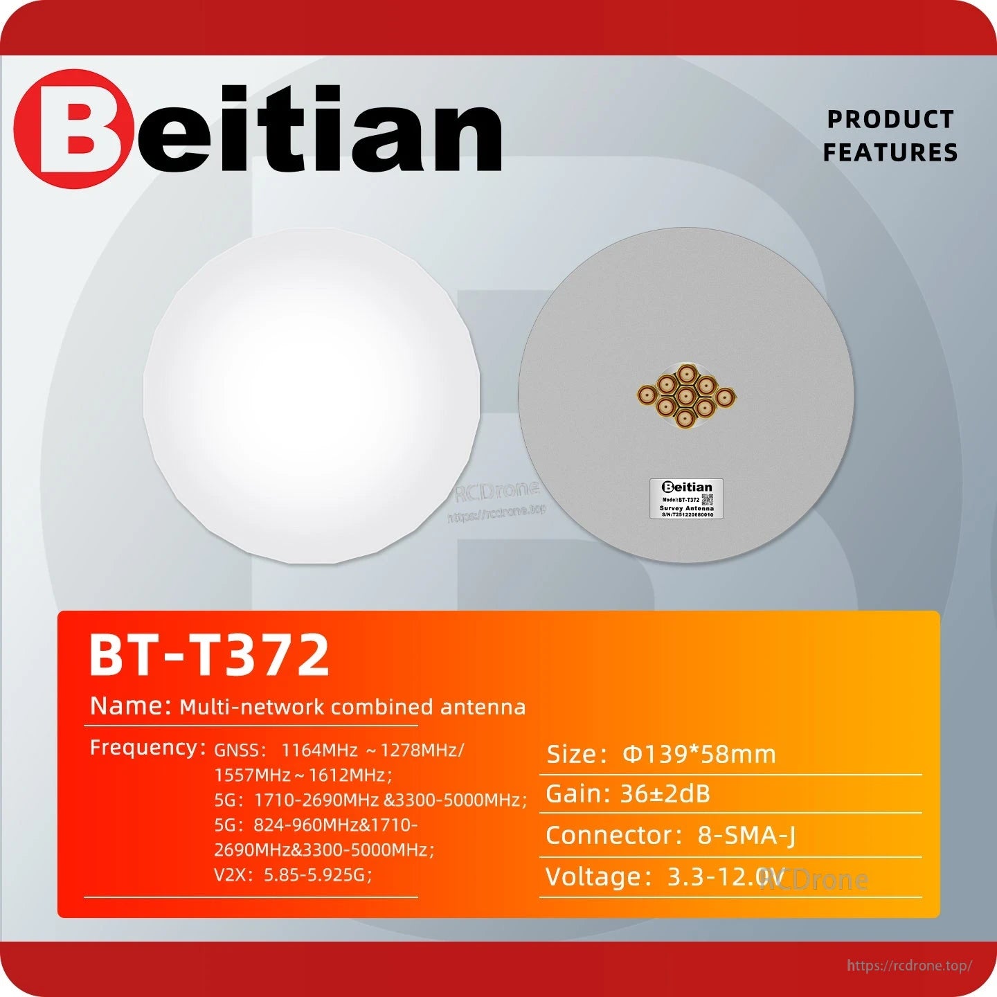 Beitian BT-T372 Vehicle Combination Antenna spec sheet with top and bottom views, size and connector info