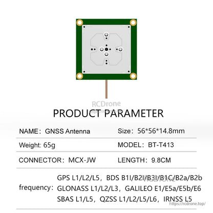 Beitian BT-T413 RTK Multi-Frequency GNSS Antenna product parameters: 56×56×14.8 mm, 65 g, MCX-JW
