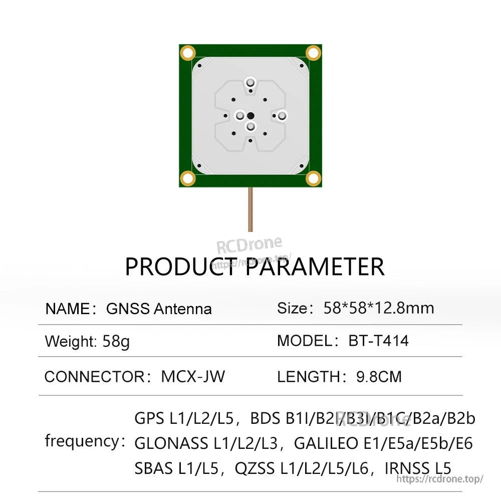 Product parameter table for GNSS antenna model BT-T414 with size 58×58×12.8 mm and MCX-JW connector