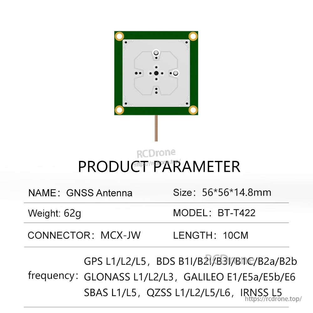 Product parameter table for GNSS antenna model BT-T422 with size 56×56×14.8 mm and 10 cm cable