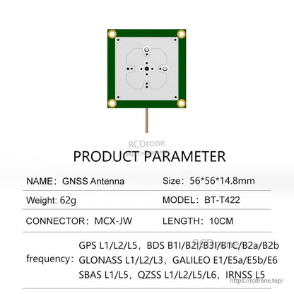 Product parameter table for GNSS antenna model BT-T422 with size 56×56×14.8 mm and 10 cm cable