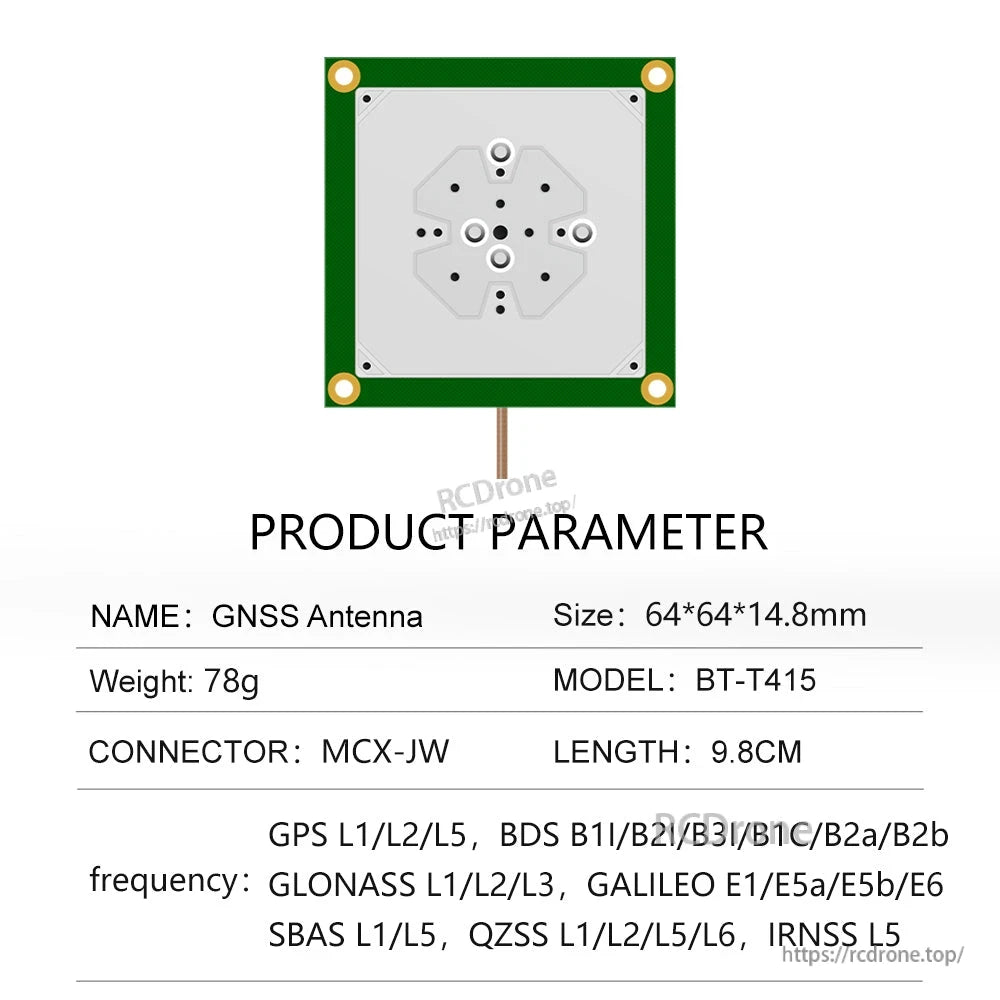 Product parameter table for GNSS antenna model BT-T415, size 64×64×14.8 mm, cable length 9.8 cm