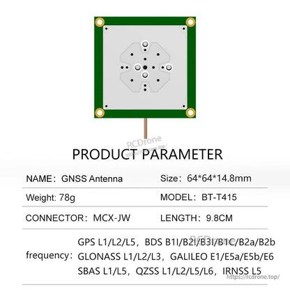 Product parameter table for GNSS antenna model BT-T415, size 64×64×14.8 mm, cable length 9.8 cm