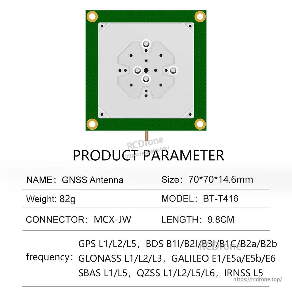Product parameter table for GNSS antenna model BT-T416, size 70×70×14.6 mm, cable length 9.8 cm