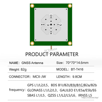 Product parameter table for GNSS antenna model BT-T416, size 70×70×14.6 mm, cable length 9.8 cm