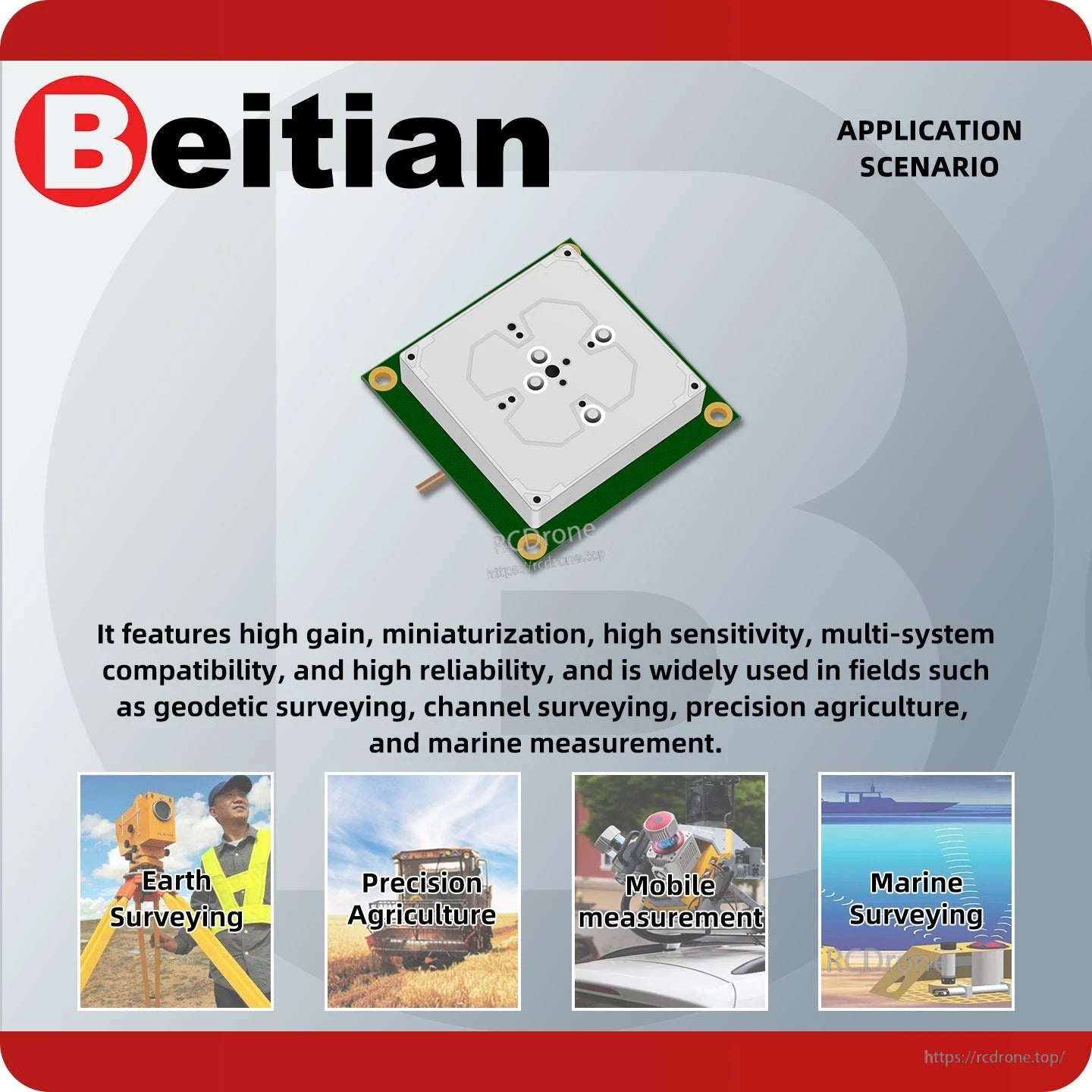 Beitian GNSS antenna application scenarios graphic: earth surveying, precision agriculture, mobile and marine measurement