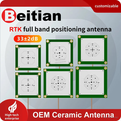 Beitian RTK full-band positioning antenna graphic showing OEM ceramic antenna options, 33±2 dB